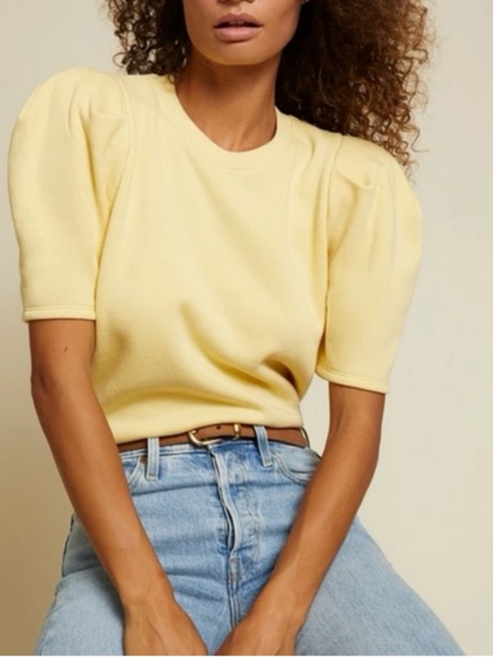 NATION LTD  Olivia Puff Sleeve Crewneck Top in Pale Yellow sz. S